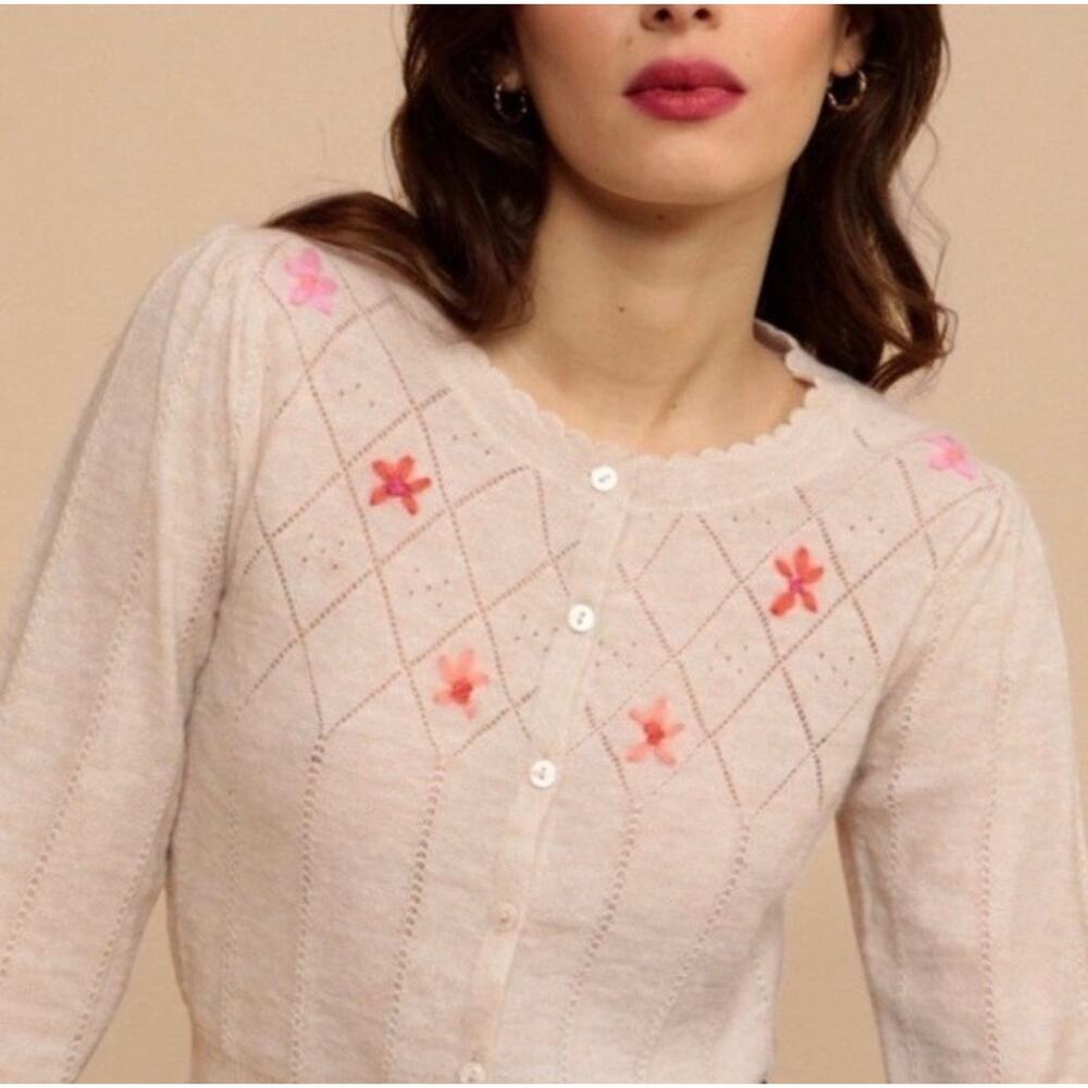 NWOT Rouje Paris Serena Embroidered Wool cardigan Creme Size 38